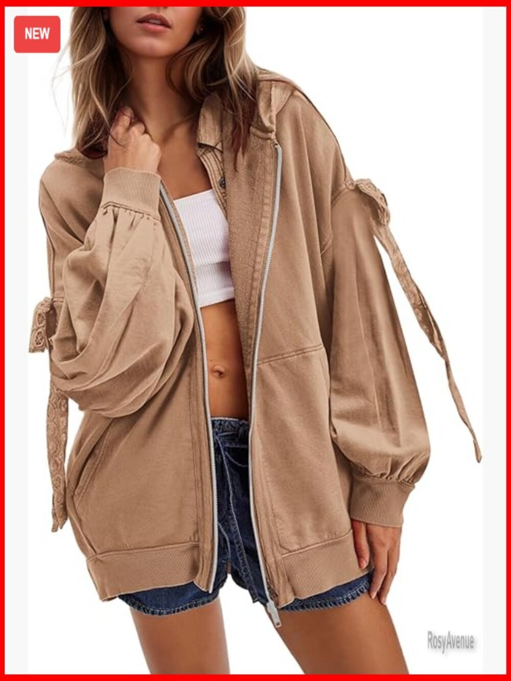 Women's Oversized Zip Up Hoodie Long Sleeve Bow Tie Sweatshirt with Pockets
